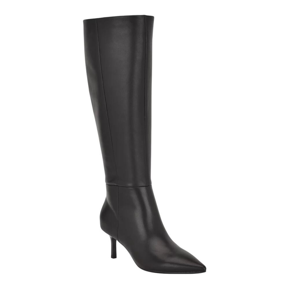 Nine West Women's Kimdee 9X9 Leather Wide Calf Stiletto Heel Boots Black Size 8
